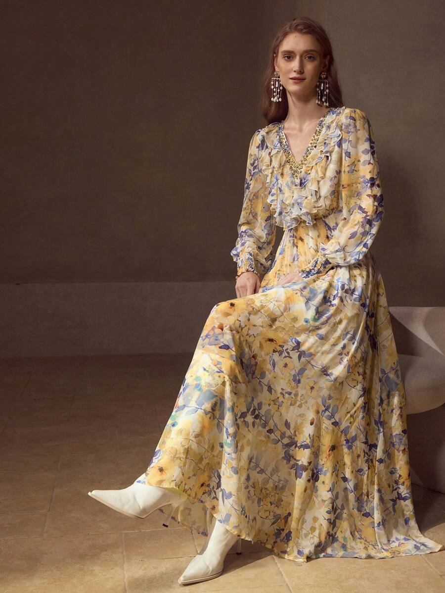 MOTF PREMIUM WOMEN'S ALLOVER FLORAL PRINT V-NECK ELABORATE RHINESTONE LAYERED RUFFLE TRIM LANTERN SLEEVE ELEGANT DRESS