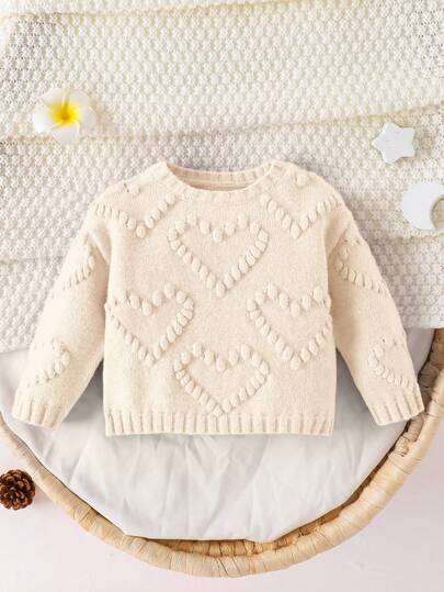 SHEIN Newborn Baby Girl Cute Versatile Pink Heart Pattern Long Sleeve Sweater, Autumn/Winter Fall