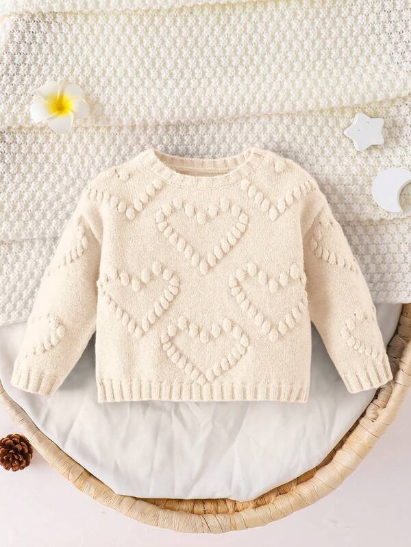 SHEIN Newborn Baby Girl Cute Versatile Pink Heart Pattern Long Sleeve Sweater, Autumn/Winter Fall
