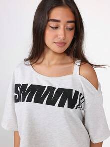 SUMWON One Shoulder Logo T-Shirt Wide Leg Pants Set Streetwear Festival Wear Casual Matching Set Drawstring Waist Loose Fit Autumn Fall - Light Grey - View 6