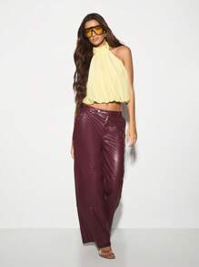 KIZN 露背泡泡袖短款上衣蝴蝶结褶皱雪纺夏季派对节日衬衫露背晚会场合穿着