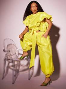 Vixey Buttery Yellow Drawstring Waist Solid Taffeta Jogger Pants, Summer, Vacation, Boho - Yellow - View 2