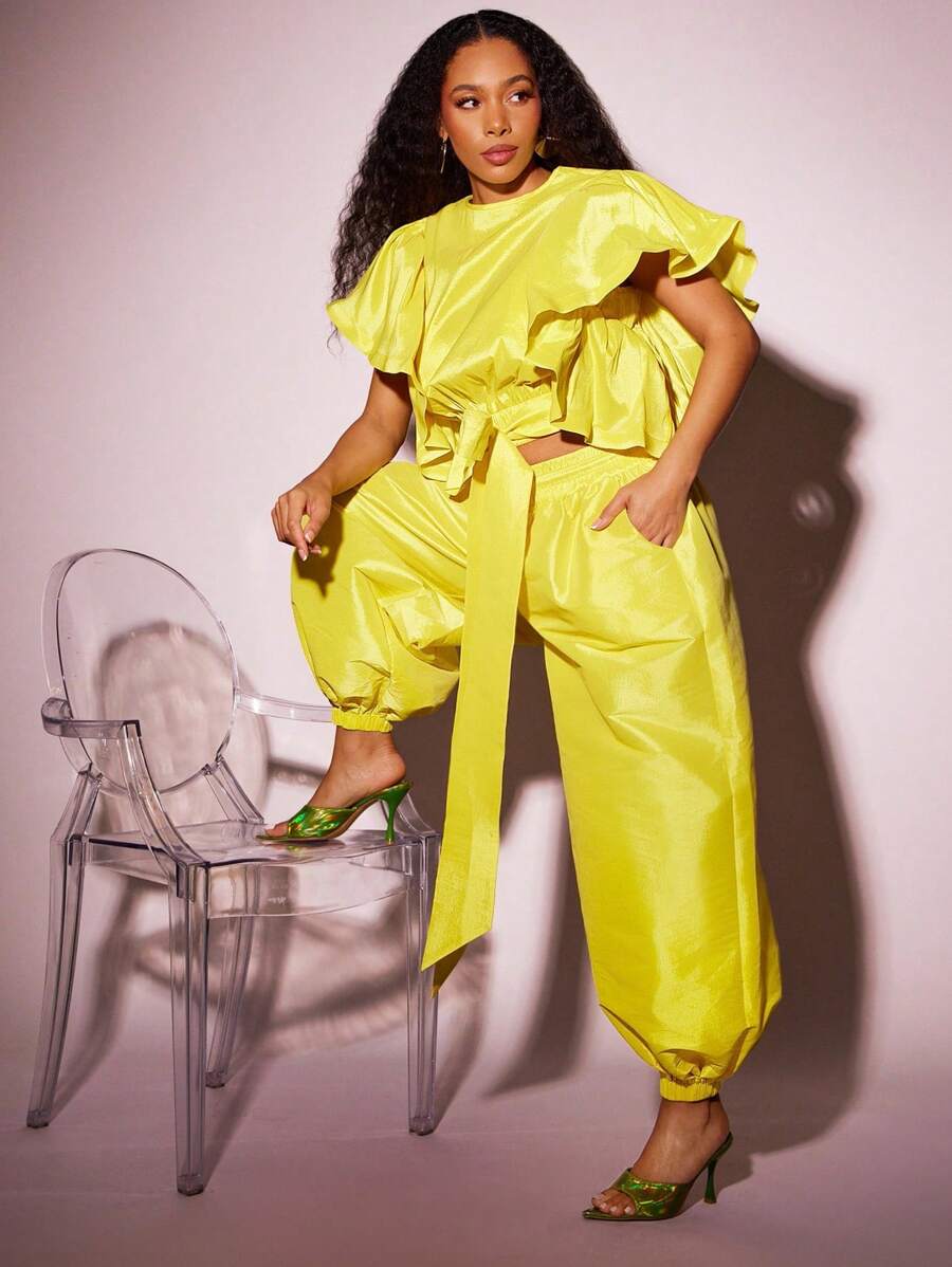 Vixey Buttery Yellow Drawstring Waist Solid Taffeta Jogger Pants, Summer, Vacation, Boho