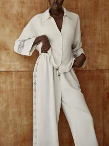 Lumivelle 2pcs/Set Women Casual Cardigan Shirt & Lace Hem Pants - Khaki - View 3