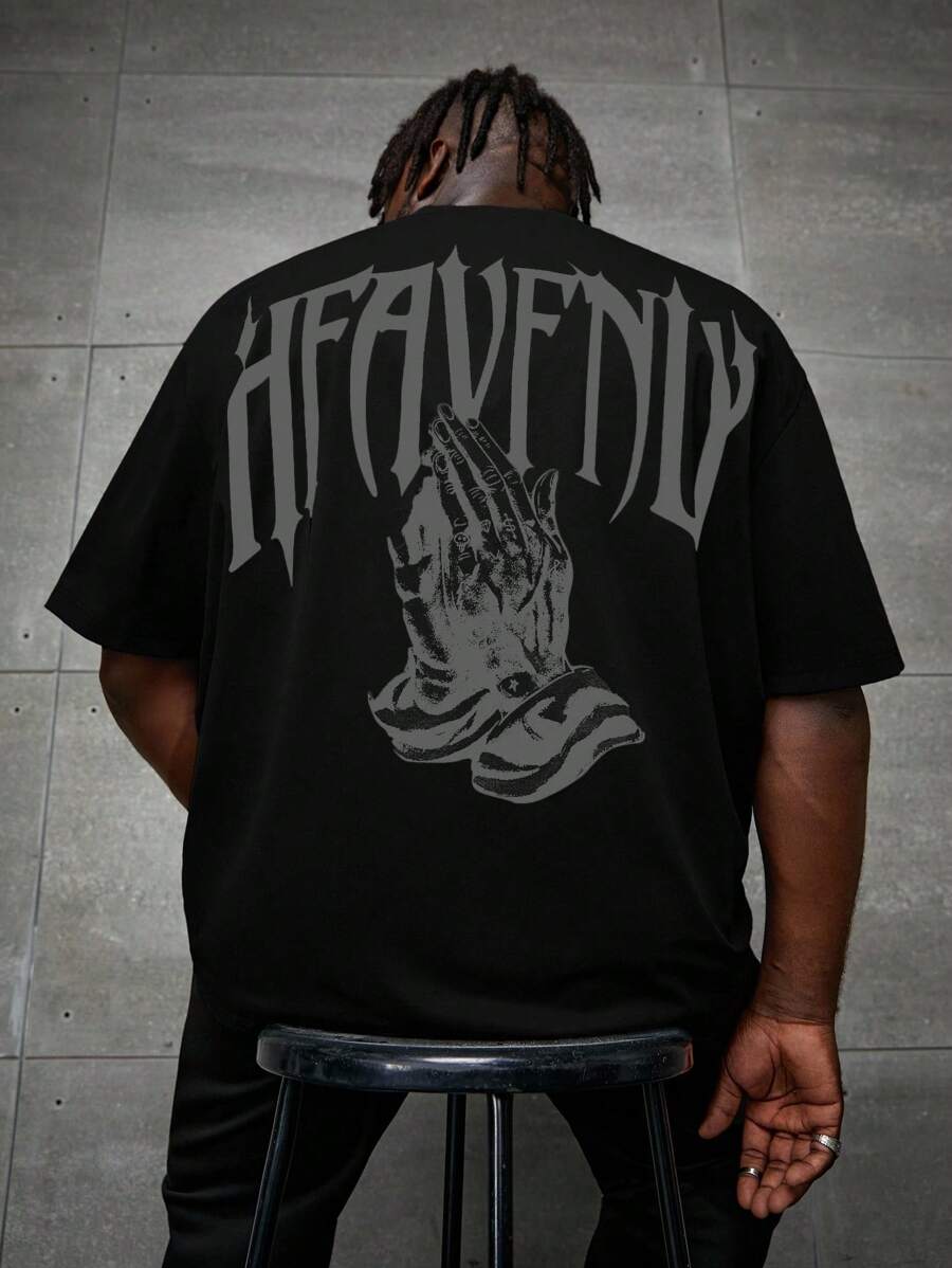 EASEVO Camiseta gráfica con estampado de mano con letra grande para hombres de talla grande, estilo emo - Negro - Ver 1