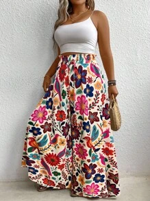 EMERY ROSE 彩色花卉印花大码阔腿裤 - 玫紅色 - 查看 6