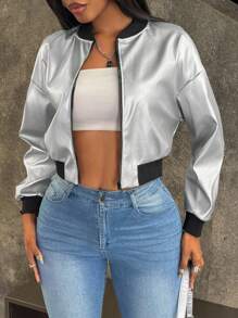 INAWLY Women's Spring And Autumn Fashion Metallic Cropped Jacket Fall Winter Cloth For Women - Silver - View 3