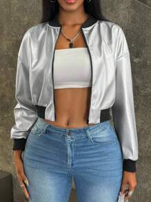 INAWLY Women's Spring And Autumn Fashion Metallic Cropped Jacket Fall Winter Cloth For Women - Silver - View 4