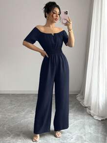 Elenzga 女式夏季新款露肩V领收腰连体裤 - 藏蓝色 - 查看 4