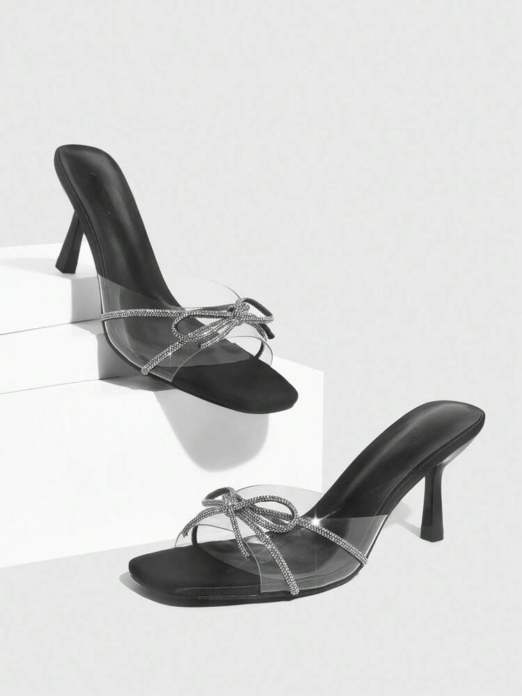 CUCCOO SZL Women's Transparent TPU Silver Rhinestone Decor Fashionable Sexy Square Toe Mule Formal High Heel Sandals