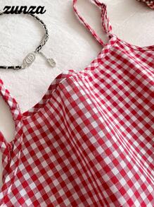 2 件套青少年女孩荷叶边格子吊带背心和阔腿裤套装，夏季新款优雅度假装 - 紅白色 - 查看 4