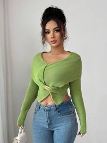 Elenzga 优雅法式性感简约金属扣小众设计修身不对称下摆女长袖针织上衣针织套头衫秋冬 - 橄欖綠 - 查看 6