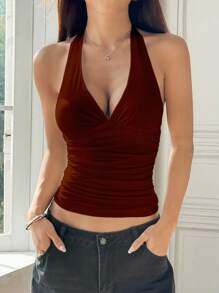 SHEIN Unity Women's White V-Neck Sleeveless Boho Halter Neck Ruched Mesh Tank Top, Casual & Sexy Ladies Summer Top