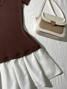 Elamini 女士撞色短袖衬衫领休闲短裙，夏季