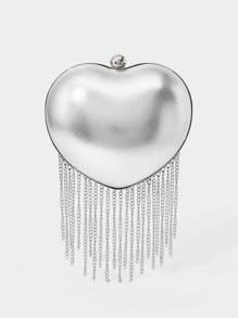 SHECARRY Women Fashion Personalized Simple Silver Heart Shape Tassel Clutch Bag, Suitable For Cocktail Party, Party, Prom, Club, Date, Birthday, Evening, Date Night, Ball - Silver - View 1