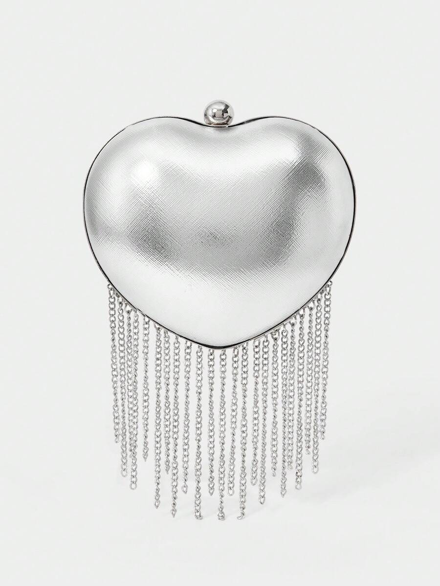 SHECARRY Women Fashion Personalized Simple Silver Heart Shape Tassel Clutch Bag, Suitable For Cocktail Party, Party, Prom, Club, Date, Birthday, Evening, Date Night, Ball - Silver - View 1