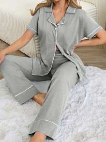 EURMUSE Women Binding Detail Short Sleeved & Long Bottom Homewear Pajama Set - Light Grey - View 1