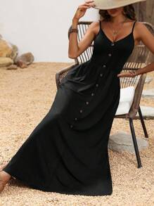 Breezaya 吊带 V 领休闲连衣裙，搭配超大 A 字形海滩风格超长度假海滩装女装 - 黑色 - 查看 3