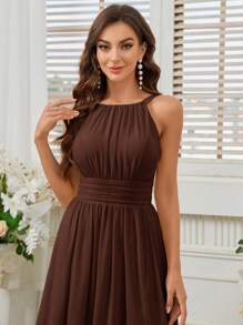 SHEIN Belle 露背高开衩腰伴娘礼服（成人款） - 棕色 - 查看 2