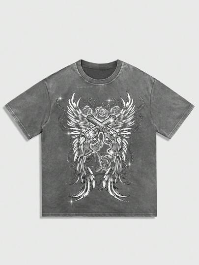 Street Life قميص T رجالي كاجوال مغسول مرصع بالراين كم قصير ، صيفي