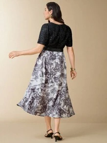 Flouryn Đầm dài vừa phải in họa tiết ren chắp vá cổ chữ V thanh lịch cho nữ cỡ lớn - Nhiều màu - Xem 6