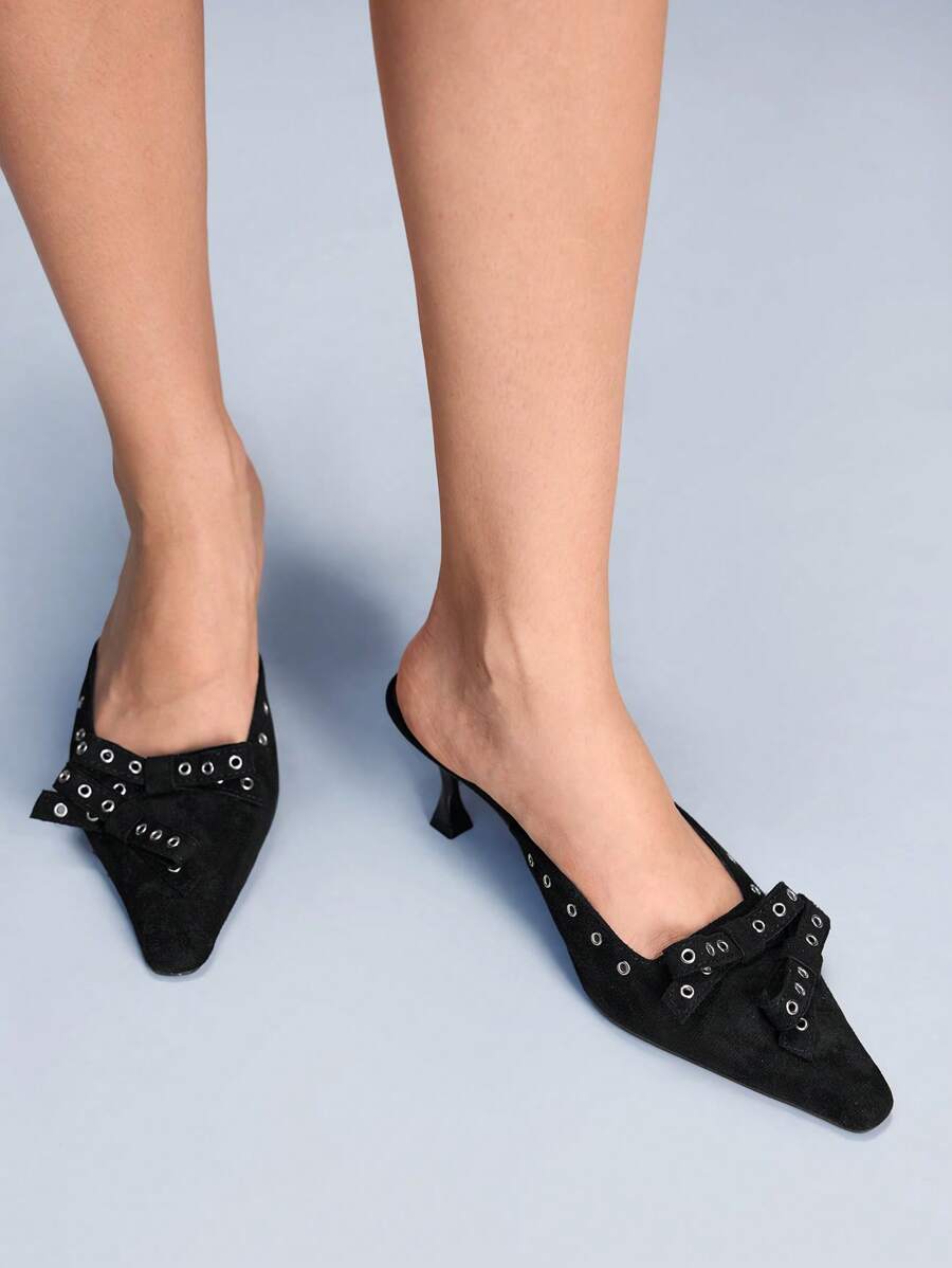 CUCCOO GRLICON Women's Pointed Toe Low Vamp Sexy Bow Knot Metal Rivet Chunky Heel Sandals - Black - View 1