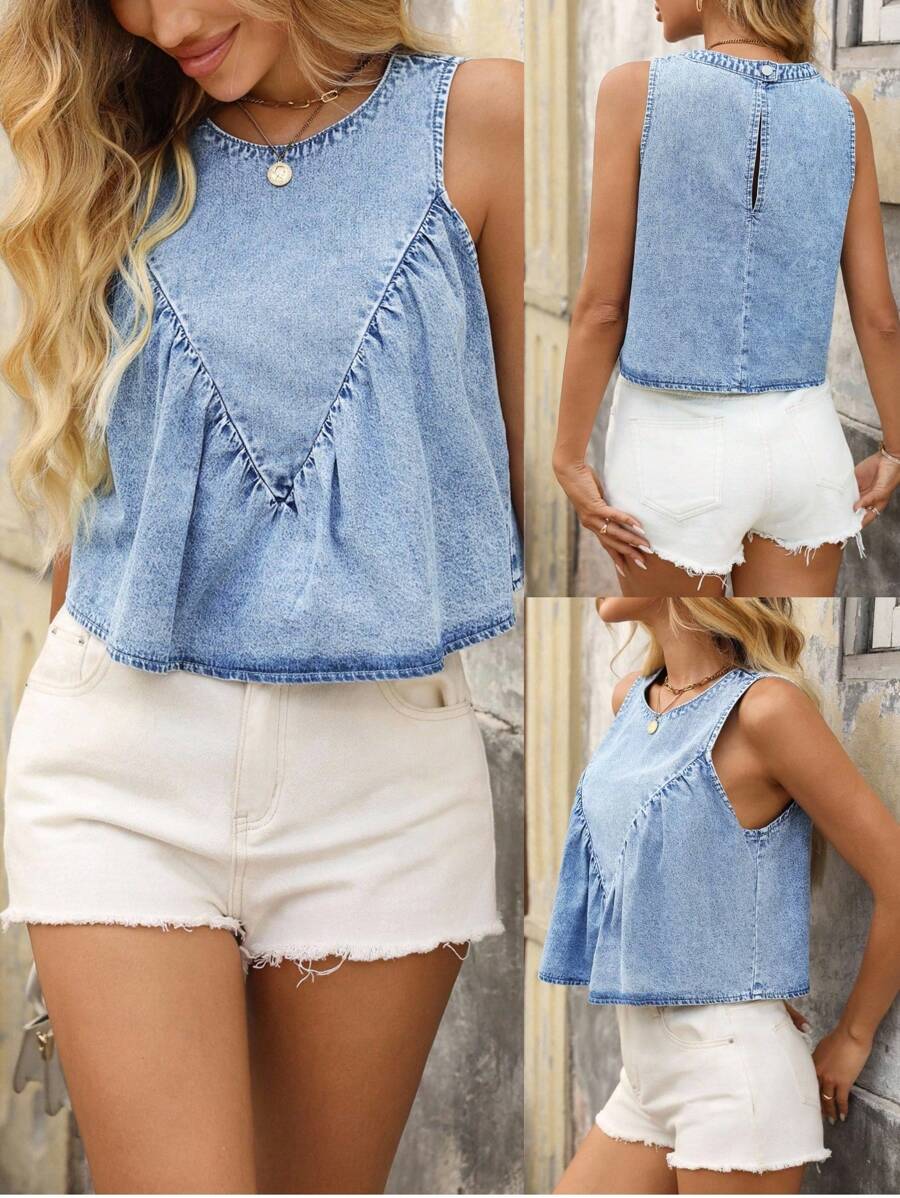 EMERY ROSE Blusa sin mangas casual de denim con cuello redondo y volantes para mujer, para el verano