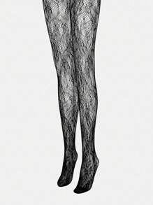 MOTF PREMIUM 薄款防勾丝向日葵印花性感渔网提花连裤袜 - 黑色 - 查看 2