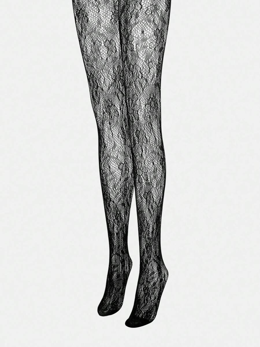 MOTF PREMIUM 薄款防勾丝向日葵印花性感渔网提花连裤袜 - 黑色 - 查看 2