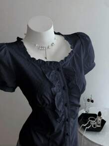Elamini Women's Solid Color Frill Trim Short Puff Sleeve Single Breasted Fashionable Blouse - Navy Blue - View 6