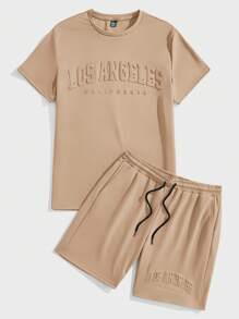 Manfinity Joysei 男士 3D 字母印花针织棕色 T 恤和短裤套装，适合洛杉矶夏季舒适装扮 - 駝色 - 查看 4