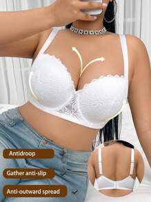 SHEIN Sujetador de talla grande de unicolor elegante con empalme de encaje y elevación - Blanco - Ver 4