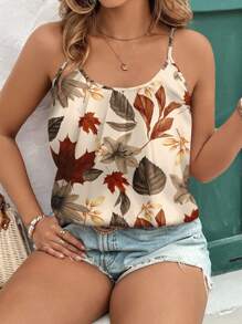 EMERY ROSE Camiseta de tirantes con estampado de hojas de otoño de talla grande, de estilo minimalista y elegante para vacaciones, adecuada para salir, top de verano para mujeres - Multicolor - Ver 3