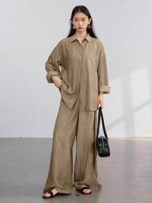 Dazy-Less Bộ 2 món đồ nữ dáng rộng, chất liệu chiffon, thích hợp mặc đi làm, trang phục công sở mùa thu, đồ mặc nhà cho nữ. - Màu Cam san hô - Xem 2