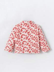 SHEIN Toddler/Newborn Baby Girl 0-3Y Casual Winter Leopard Print + Solid Pink Fluffy Reversible Mock Neck Jacket Fall