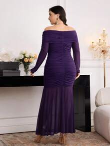 Modelyn Elegant Plus Size Solid Color Off Shoulder Ruched Fitted Dress - Purple - View 2