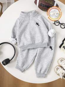 SHEIN 2 件套男童/女童休闲加厚羊毛拉链连帽夹克和松紧腰羊毛裤运动服，男女通用婴儿冬装 - 彩色 - 查看 3