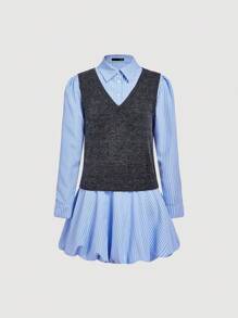 SHEIN MOD Women Blue White Stripe Puff Sleeve Casual Shirt Dress,2 In 1 Back-To-School Clothes,Autumn Office Wear,Old Money Style Teacher Outfits,Work School - Blue - View 1