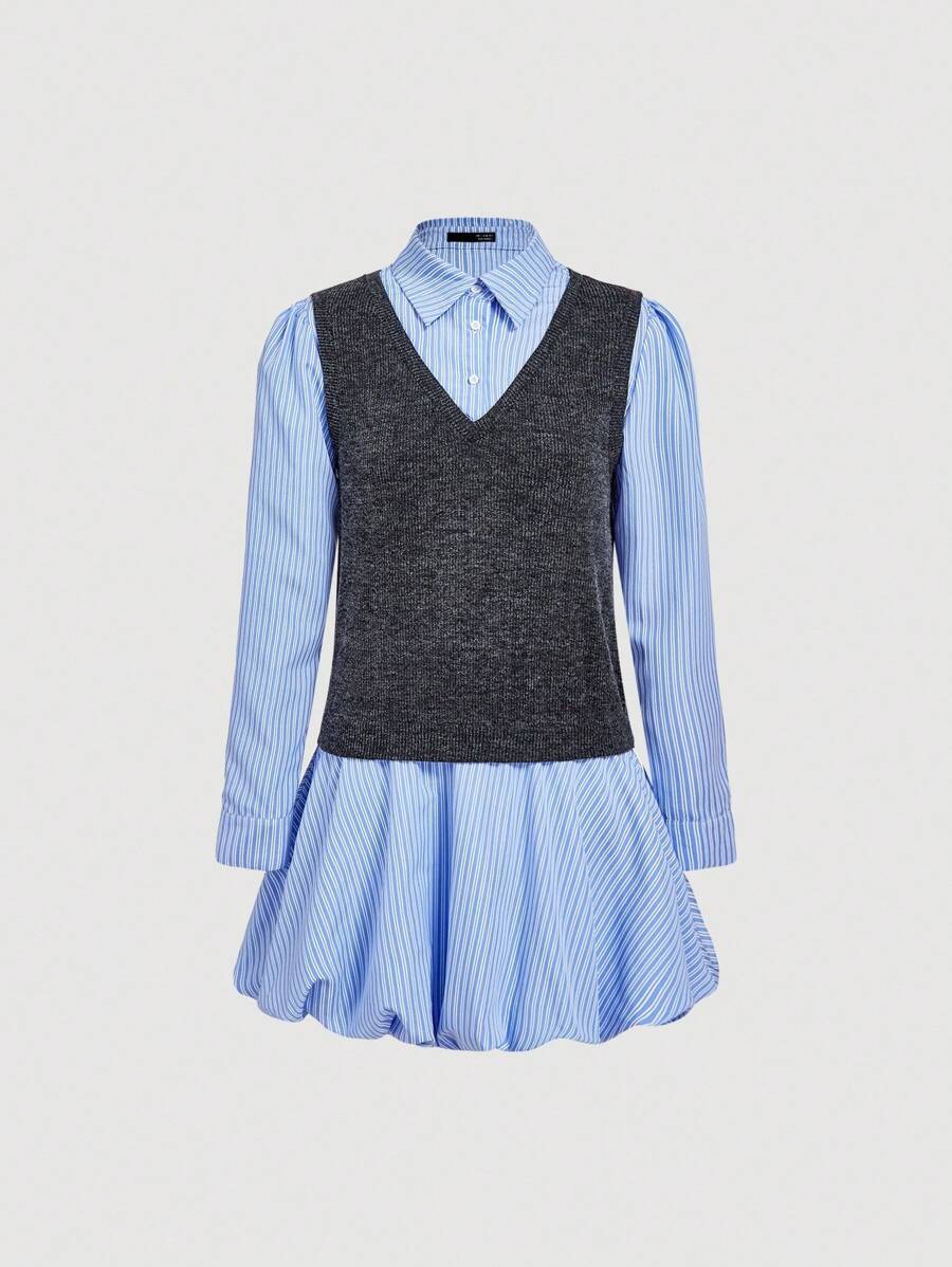 SHEIN MOD Women Blue White Stripe Puff Sleeve Casual Shirt Dress,2 In 1 Back-To-School Clothes,Autumn Office Wear,Old Money Style Teacher Outfits,Work School - Blue - View 1