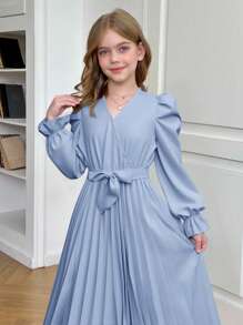 SHEIN Serisse Kids 青少年女孩休闲泡泡袖V领褶裥长裙 - 霧霾藍 - 查看 12