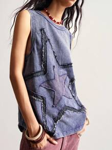 Bohemela 复古美式针织拼接五角星刺绣图案无袖宽松水洗上衣（女款）