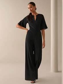 Lilora Salopetă elegantă pentru femei, cu mâneci evazate, în culoare solidă, de vară - Negru - Vizualizare 4