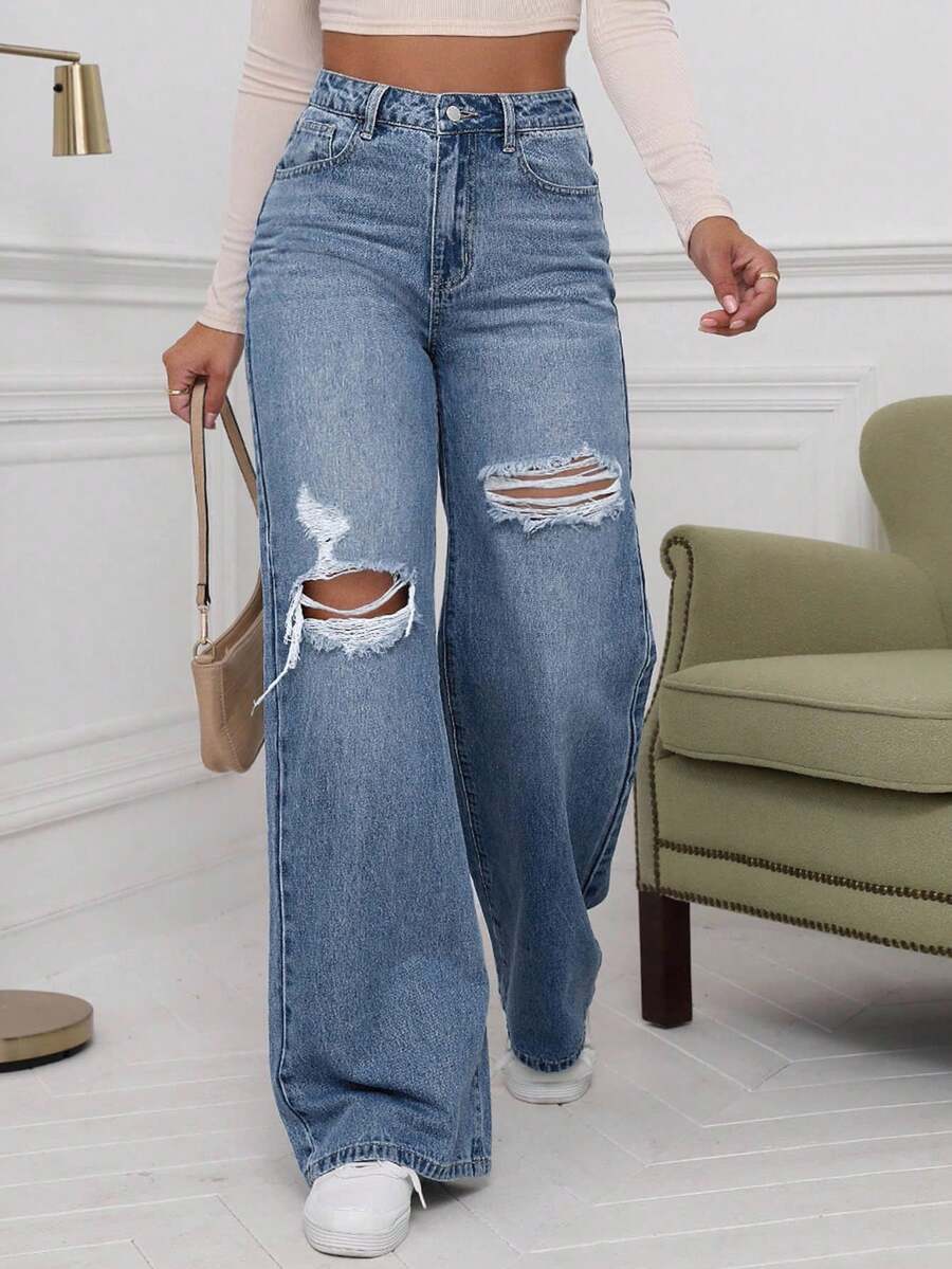 SHEIN ICON Washed Denim Blue High Waist Ripped Wide Leg Jeans - Medium Wash - View 1