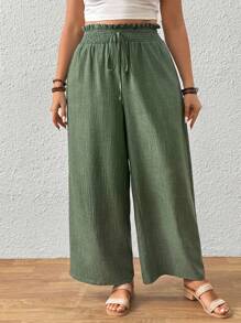 EMERY ROSE Femei Plus Size talie înaltă confortabil talie elastică cu șnur înclinat buzunare cu dungi textură largi pantaloni casual largi - Verde - Vizualizare 3