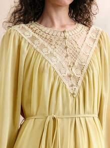 Aveloria Women's Chiffon Splicing Lace Round Neck Pleated Design Waist Warm Yellow Long Dress Elegant Romantic Date Autumn Women's Elegant Dress Women's Simple Dress Beach Outfits For Woman Vacation Outfits Woman Dresses For Women Elegant Country Concert Outfit Fall Cloth For Women - Olive Green - View 5