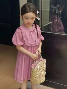 SHEIN 2pcs Set Young Girl Retro Floral Round Neck Loose Puff Sleeve Pink Dress,Ruffle Trim Shawl,Summer Princess 7th Birthday Holiday Party,Comfortable - Purple - View 3