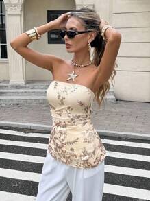 SHEIN Frenchy 女士花卉亮片褶饰迷人时尚抹胸上衣