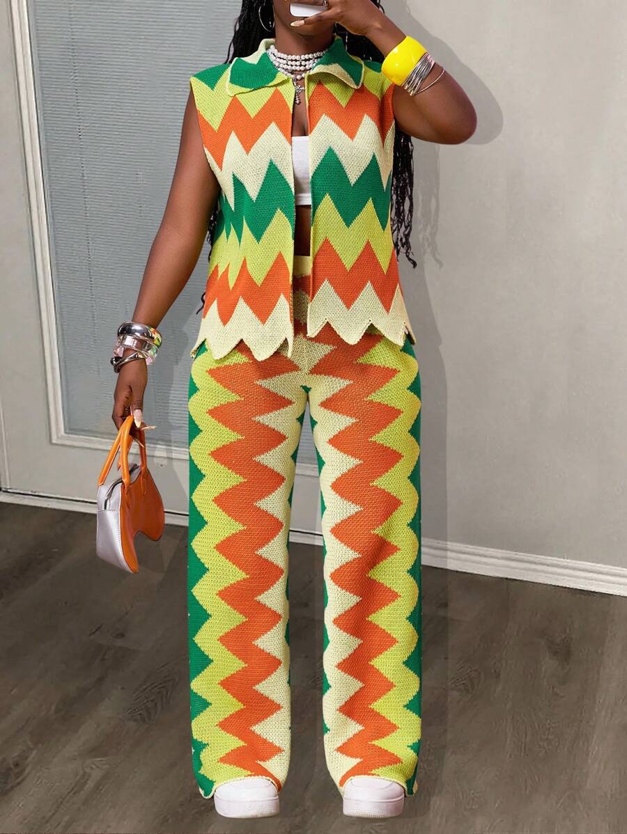 Slaydiva Women's Light Orange Autumn Casual Vacay Retro Wave Pattern Crochet 2 Pieces Set,Sleeveless Open Front Lapel Cardigan & Wide Leg Trousers Wool Suit - Multicolor - View 1