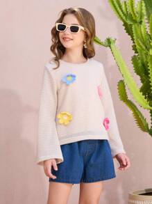 Set de 2 piezas de niña preadolescente con blusa de manga larga con volantes y flores de ganchillo, y pantalones cortos de jean - Albaricoque - Ver 1