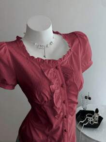 Elamini 女式纯色荷叶边短款泡泡袖单排扣时尚衬衫 - 紅色 - 查看 4